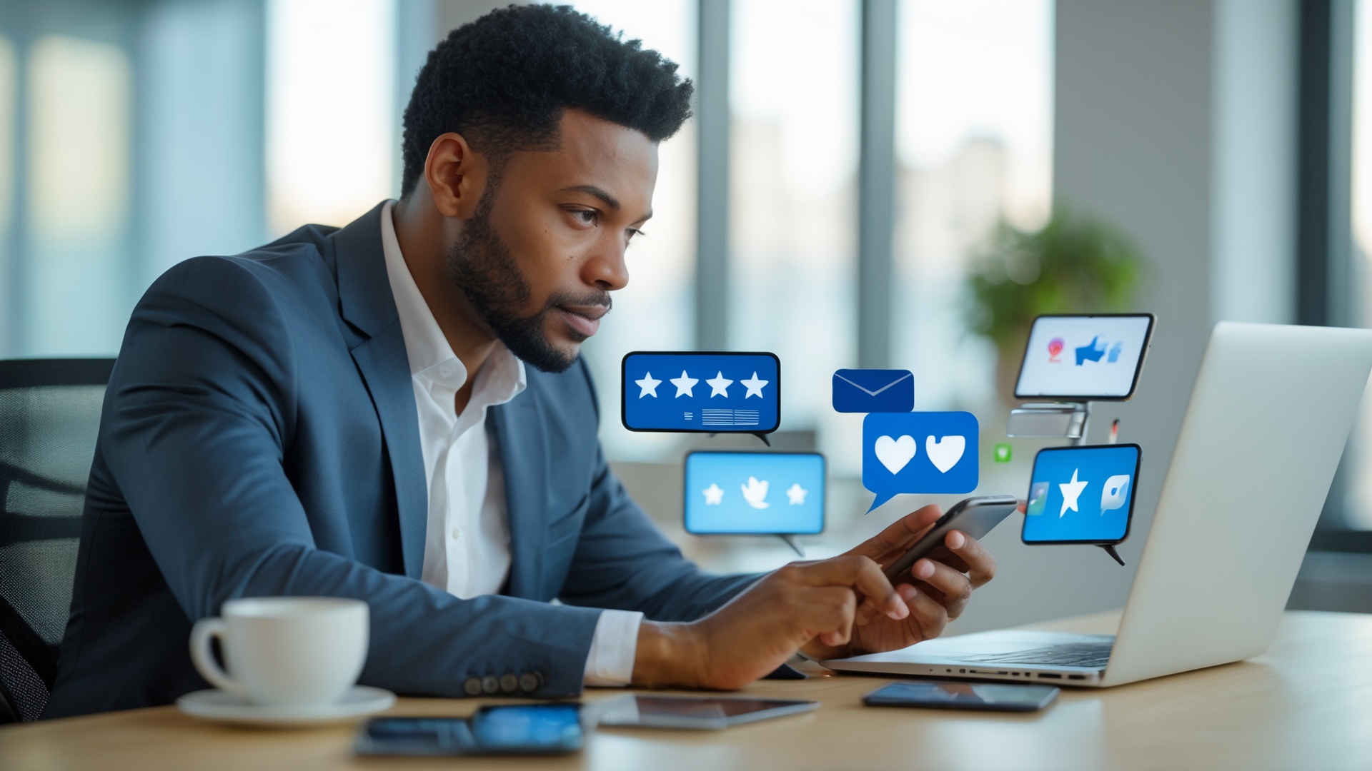 Professional at desk managing online reputation